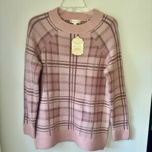 NWT BRANDNEW Altr’d State Pink & Gray Plaid Crewneck Sweater Small Fall & Winter
